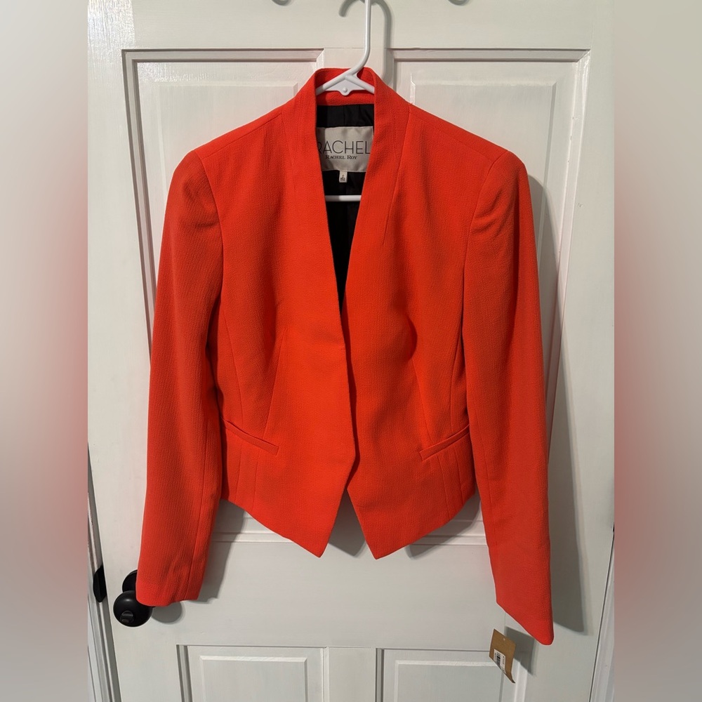 Rachel Roy Coral Orange Modern Style Collarless Lined Blazer Jacket Size 2 NWT